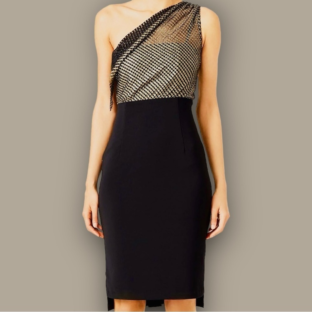 INTER-PRET.US Gold & Black One Shoulder ‘Alloy Sheath Dress’ Size 2